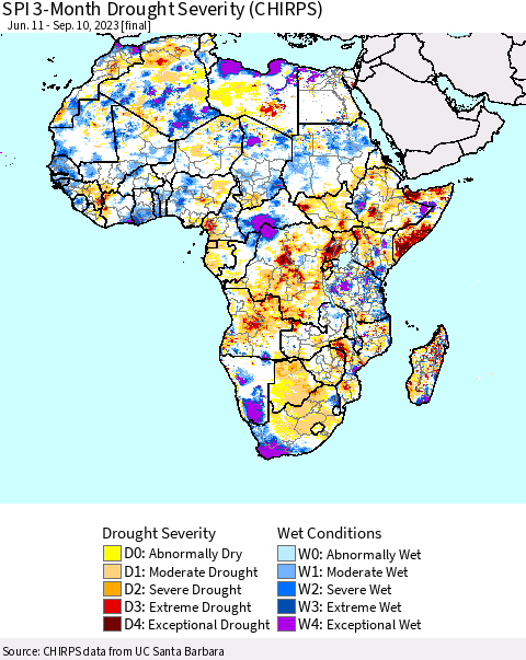 Africa SPI 3-Month Drought Severity (CHIRPS) Thematic Map For 6/11/2023 - 9/10/2023
