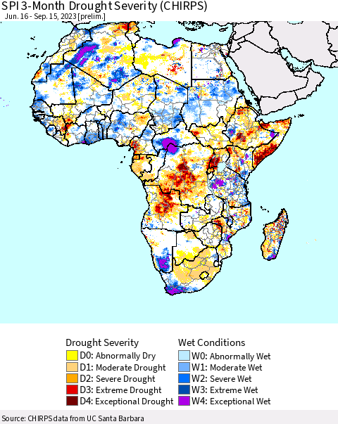 Africa SPI 3-Month Drought Severity (CHIRPS) Thematic Map For 6/16/2023 - 9/15/2023