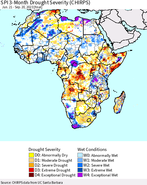 Africa SPI 3-Month Drought Severity (CHIRPS) Thematic Map For 6/21/2023 - 9/20/2023