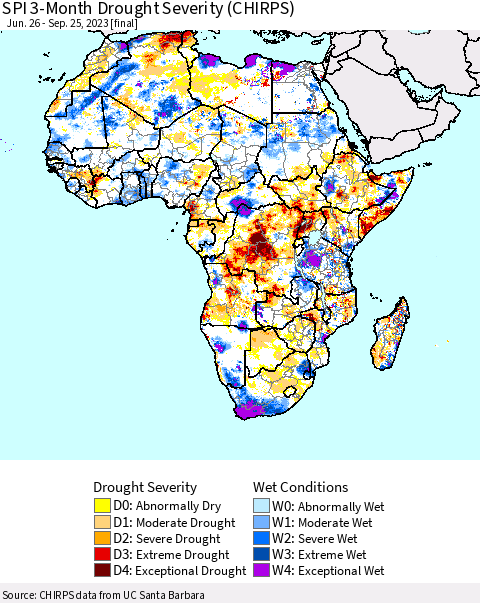Africa SPI 3-Month Drought Severity (CHIRPS) Thematic Map For 6/26/2023 - 9/25/2023