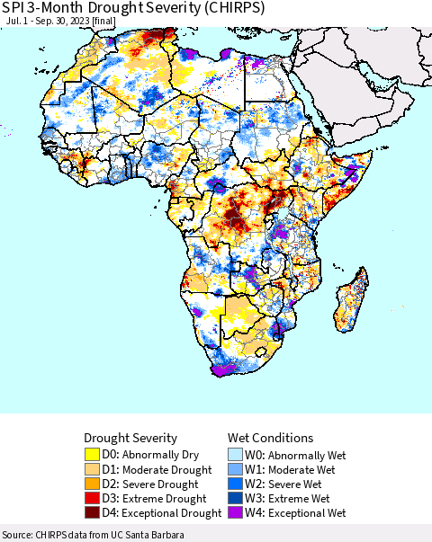 Africa SPI 3-Month Drought Severity (CHIRPS) Thematic Map For 7/1/2023 - 9/30/2023