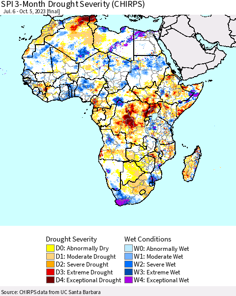 Africa SPI 3-Month Drought Severity (CHIRPS) Thematic Map For 7/6/2023 - 10/5/2023