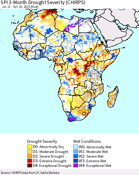 Africa SPI 3-Month Drought Severity (CHIRPS) Thematic Map For 7/11/2023 - 10/10/2023