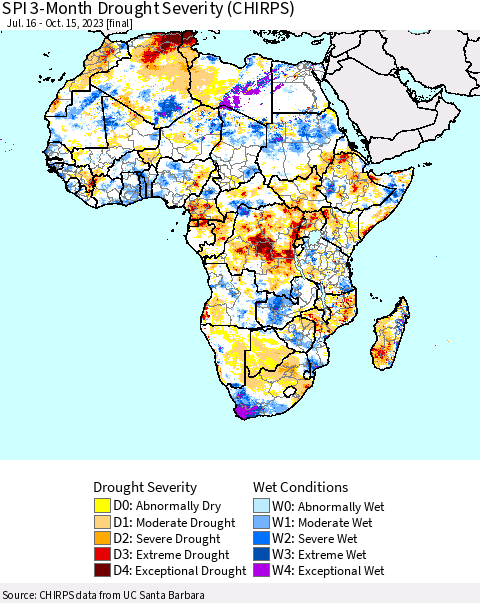 Africa SPI 3-Month Drought Severity (CHIRPS) Thematic Map For 7/16/2023 - 10/15/2023