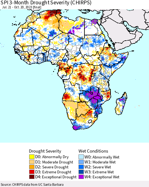 Africa SPI 3-Month Drought Severity (CHIRPS) Thematic Map For 7/21/2023 - 10/20/2023