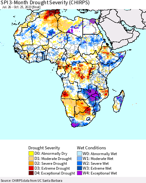 Africa SPI 3-Month Drought Severity (CHIRPS) Thematic Map For 7/26/2023 - 10/25/2023