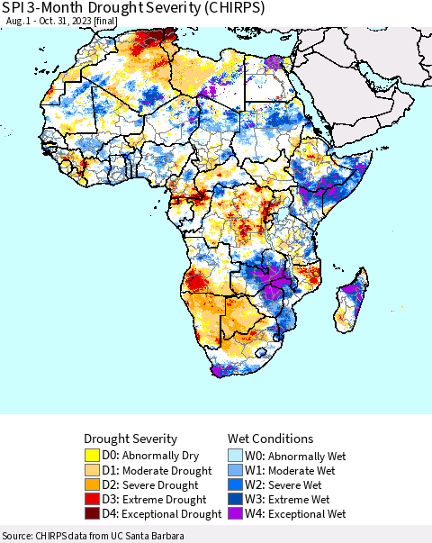 Africa SPI 3-Month Drought Severity (CHIRPS) Thematic Map For 8/1/2023 - 10/31/2023