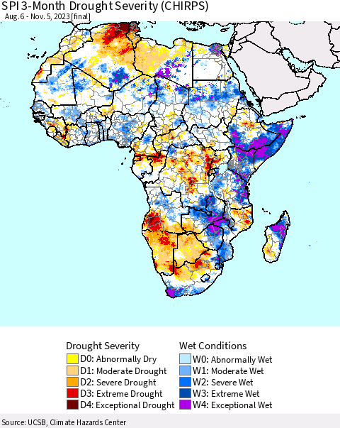 Africa SPI 3-Month Drought Severity (CHIRPS) Thematic Map For 8/6/2023 - 11/5/2023