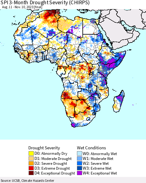 Africa SPI 3-Month Drought Severity (CHIRPS) Thematic Map For 8/11/2023 - 11/10/2023