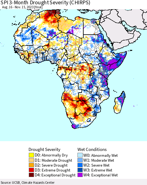 Africa SPI 3-Month Drought Severity (CHIRPS) Thematic Map For 8/16/2023 - 11/15/2023