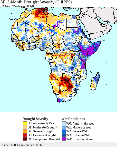 Africa SPI 3-Month Drought Severity (CHIRPS) Thematic Map For 8/21/2023 - 11/20/2023