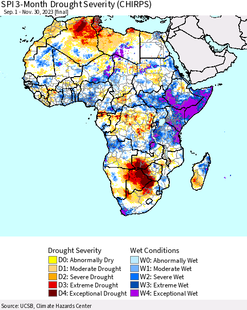 Africa SPI 3-Month Drought Severity (CHIRPS) Thematic Map For 9/1/2023 - 11/30/2023