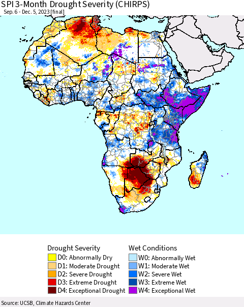 Africa SPI 3-Month Drought Severity (CHIRPS) Thematic Map For 9/6/2023 - 12/5/2023