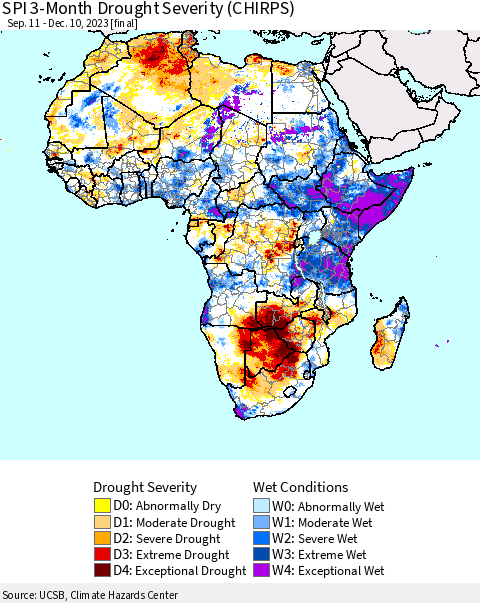 Africa SPI 3-Month Drought Severity (CHIRPS) Thematic Map For 9/11/2023 - 12/10/2023