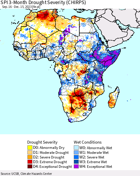 Africa SPI 3-Month Drought Severity (CHIRPS) Thematic Map For 9/16/2023 - 12/15/2023