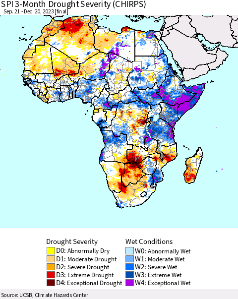 Africa SPI 3-Month Drought Severity (CHIRPS) Thematic Map For 9/21/2023 - 12/20/2023