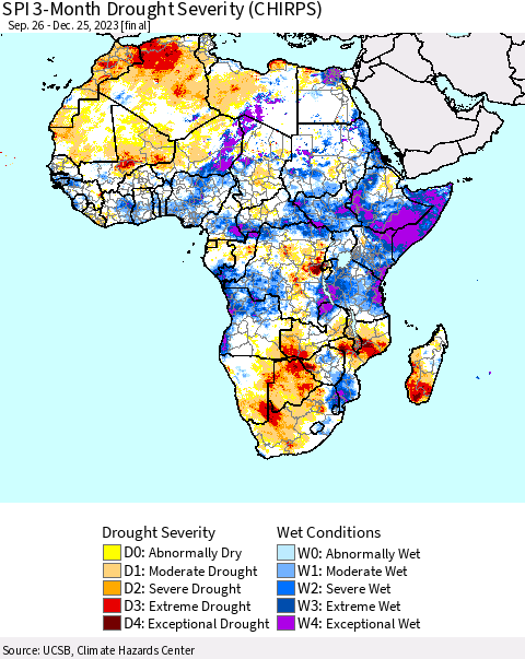 Africa SPI 3-Month Drought Severity (CHIRPS) Thematic Map For 9/26/2023 - 12/25/2023