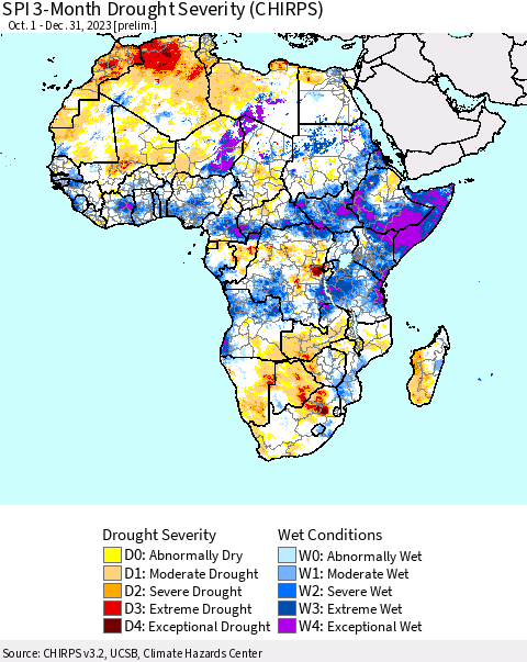 Africa SPI 3-Month Drought Severity (CHIRPS) Thematic Map For 10/1/2023 - 12/31/2023
