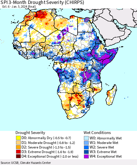 Africa SPI 3-Month Drought Severity (CHIRPS) Thematic Map For 10/6/2023 - 1/5/2024
