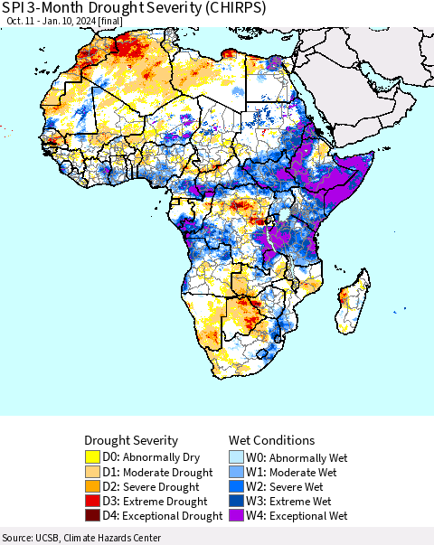 Africa SPI 3-Month Drought Severity (CHIRPS) Thematic Map For 10/11/2023 - 1/10/2024