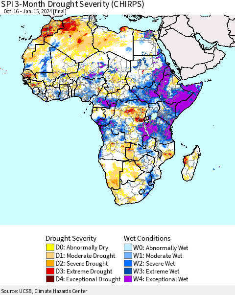 Africa SPI 3-Month Drought Severity (CHIRPS) Thematic Map For 10/16/2023 - 1/15/2024