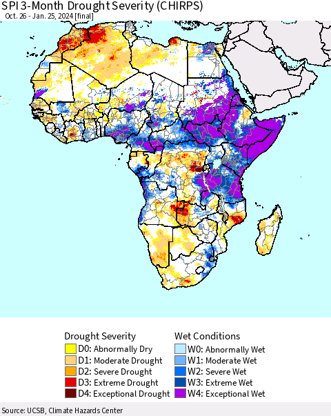 Africa SPI 3-Month Drought Severity (CHIRPS) Thematic Map For 10/26/2023 - 1/25/2024