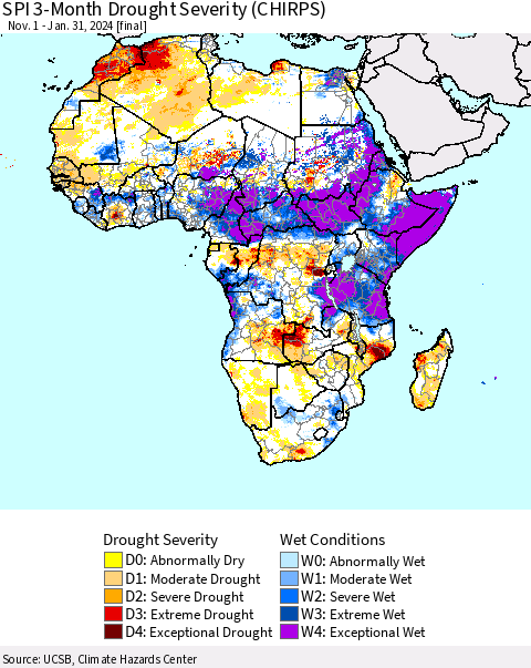 Africa SPI 3-Month Drought Severity (CHIRPS) Thematic Map For 11/1/2023 - 1/31/2024