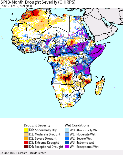 Africa SPI 3-Month Drought Severity (CHIRPS) Thematic Map For 11/6/2023 - 2/5/2024