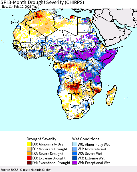 Africa SPI 3-Month Drought Severity (CHIRPS) Thematic Map For 11/11/2023 - 2/10/2024