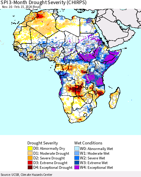 Africa SPI 3-Month Drought Severity (CHIRPS) Thematic Map For 11/16/2023 - 2/15/2024