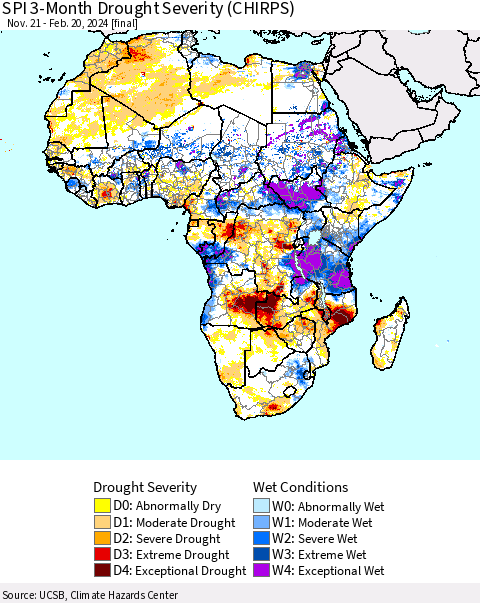 Africa SPI 3-Month Drought Severity (CHIRPS) Thematic Map For 11/21/2023 - 2/20/2024
