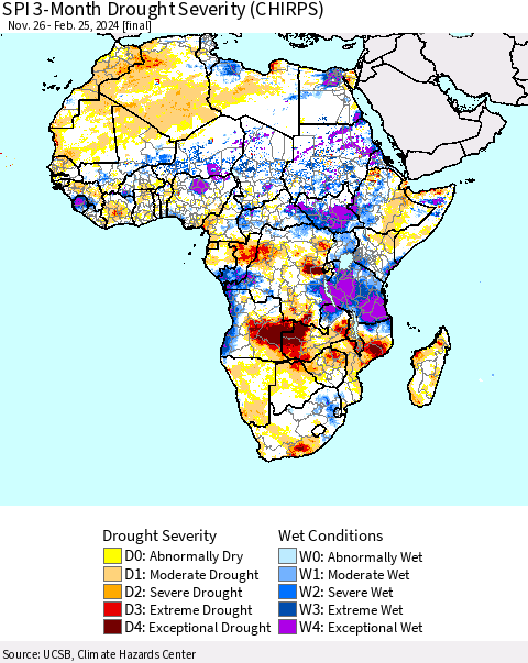 Africa SPI 3-Month Drought Severity (CHIRPS) Thematic Map For 11/26/2023 - 2/25/2024