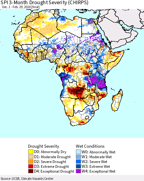 Africa SPI 3-Month Drought Severity (CHIRPS) Thematic Map For 12/1/2023 - 2/29/2024