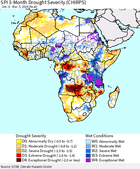 Africa SPI 3-Month Drought Severity (CHIRPS) Thematic Map For 12/6/2023 - 3/5/2024