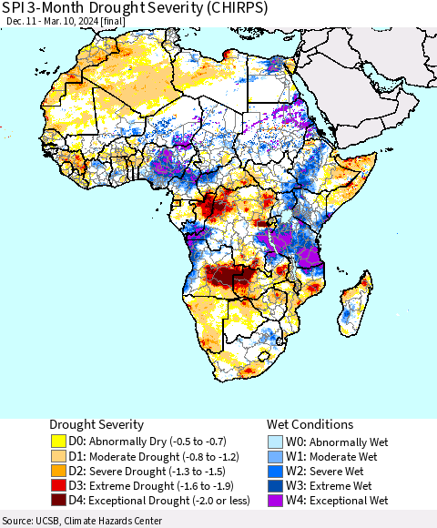 Africa SPI 3-Month Drought Severity (CHIRPS) Thematic Map For 12/11/2023 - 3/10/2024