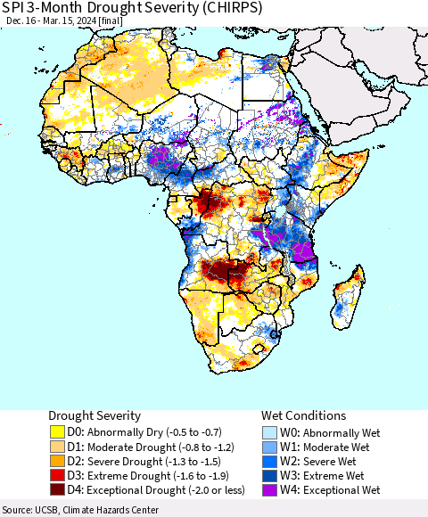 Africa SPI 3-Month Drought Severity (CHIRPS) Thematic Map For 12/16/2023 - 3/15/2024
