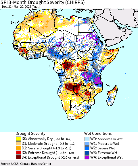 Africa SPI 3-Month Drought Severity (CHIRPS) Thematic Map For 12/21/2023 - 3/20/2024