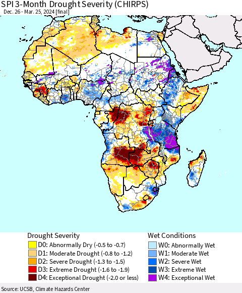Africa SPI 3-Month Drought Severity (CHIRPS) Thematic Map For 12/26/2023 - 3/25/2024