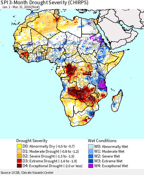 Africa SPI 3-Month Drought Severity (CHIRPS) Thematic Map For 1/1/2024 - 3/31/2024