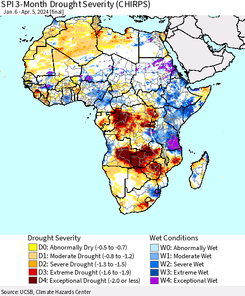 Africa SPI 3-Month Drought Severity (CHIRPS) Thematic Map For 1/6/2024 - 4/5/2024