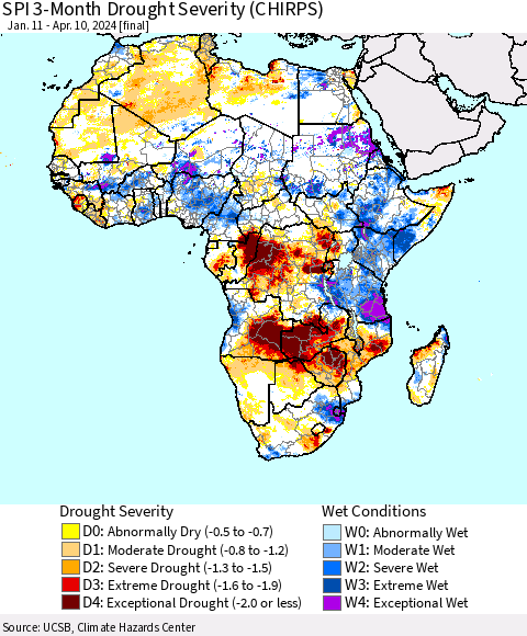 Africa SPI 3-Month Drought Severity (CHIRPS) Thematic Map For 1/11/2024 - 4/10/2024