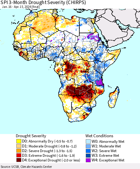 Africa SPI 3-Month Drought Severity (CHIRPS) Thematic Map For 1/16/2024 - 4/15/2024