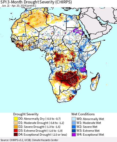 Africa SPI 3-Month Drought Severity (CHIRPS) Thematic Map For 1/21/2024 - 4/20/2024