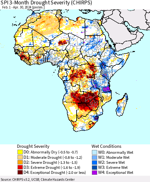 Africa SPI 3-Month Drought Severity (CHIRPS) Thematic Map For 2/1/2024 - 4/30/2024