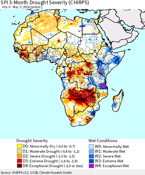 Africa SPI 3-Month Drought Severity (CHIRPS) Thematic Map For 2/6/2024 - 5/5/2024