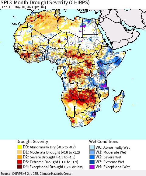 Africa SPI 3-Month Drought Severity (CHIRPS) Thematic Map For 2/11/2024 - 5/10/2024