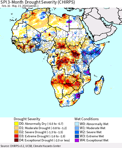 Africa SPI 3-Month Drought Severity (CHIRPS) Thematic Map For 2/16/2024 - 5/15/2024