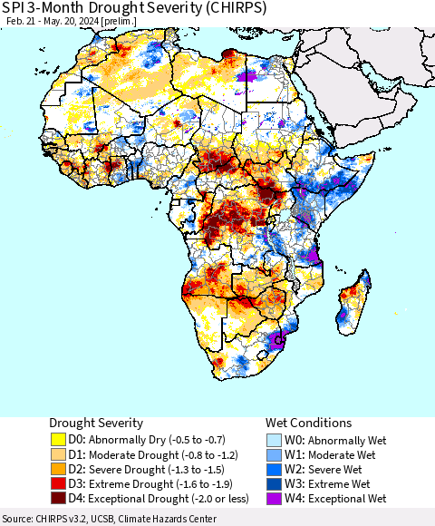 Africa SPI 3-Month Drought Severity (CHIRPS) Thematic Map For 2/21/2024 - 5/20/2024