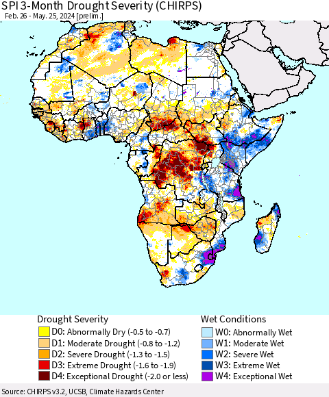 Africa SPI 3-Month Drought Severity (CHIRPS) Thematic Map For 2/26/2024 - 5/25/2024