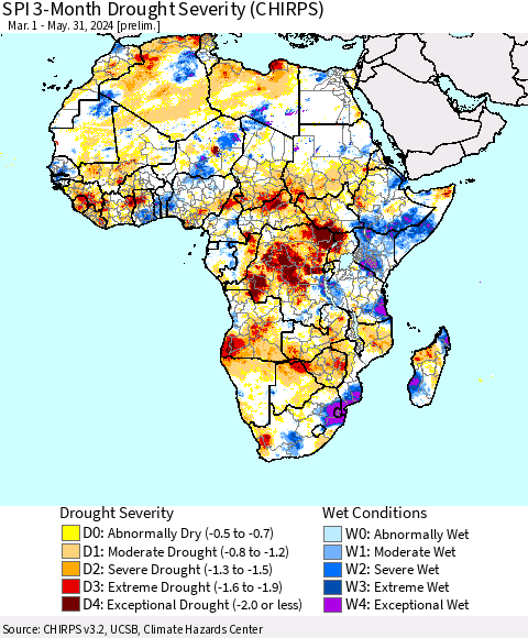 Africa SPI 3-Month Drought Severity (CHIRPS) Thematic Map For 3/1/2024 - 5/31/2024